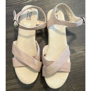TOMS Willow BEIGE CANVAS Open-Toe ESPADRILLE Platform Wedge HEELS SANDALS Sz 10W